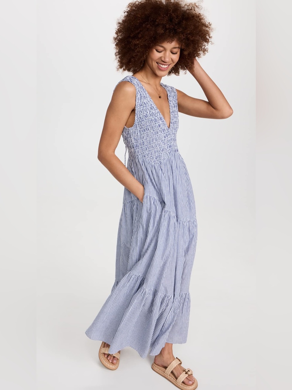 Free People Juno Maxi Dress Blue White Stripe Smocked Open Back Size Small boho - Picture 4 of 11